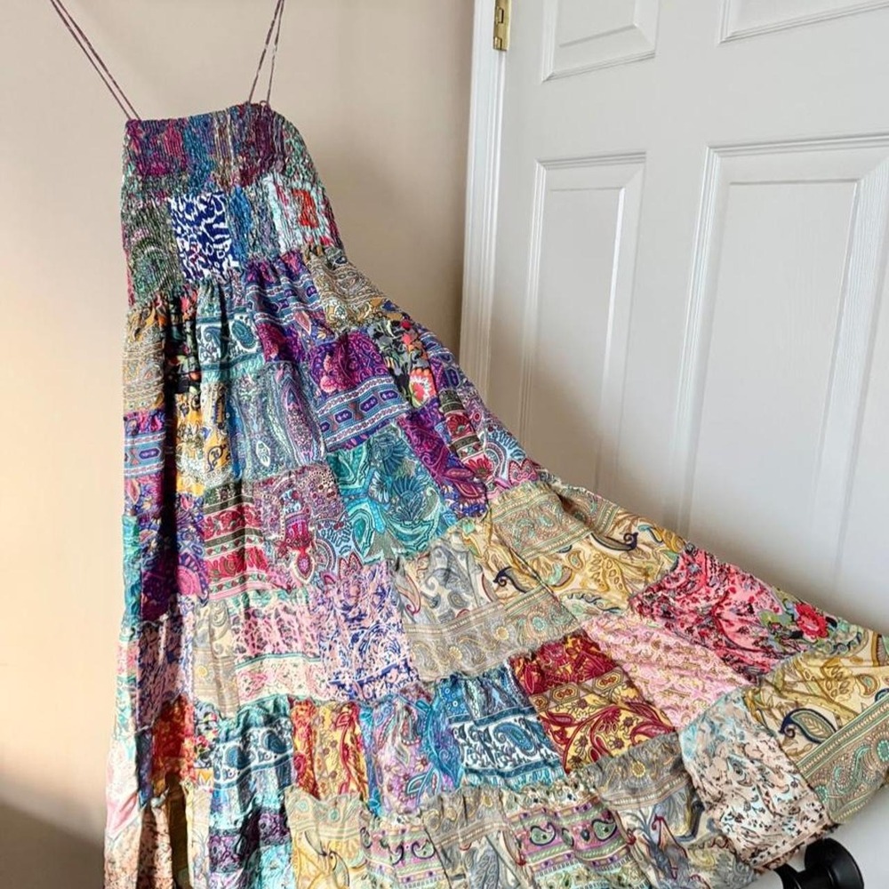 Patchwork Paisley India Boho Midi Dress Purple Blue Maximal